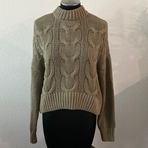 Mavi Olive Green Cable Knit mock neck 100% cotton Sweater sz S small woven